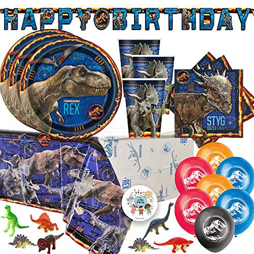 Jurassic World Dinosaur Fallen Kingdom Birthday Party Supplies Pack For 16 With Jurassic World Plates, Napkins, Tablecover, Cups, Birthday Banner, Balloons, Dinosaur Figurines, and Exclusive Pin