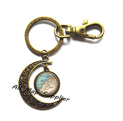 Charming Moon Keychain,Morocco map Moon Keychain, Morocco Moon Key Ring, Casablanca Moon Key Ring Casablanca map jewelry traveler's gift ,AO246