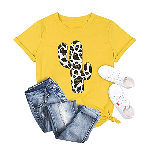 HDLTE Cactus Shirts for Women Leopard Print Cacti Graphic Tees Short Sleeve O Neck Casual Tops-L- Yellow