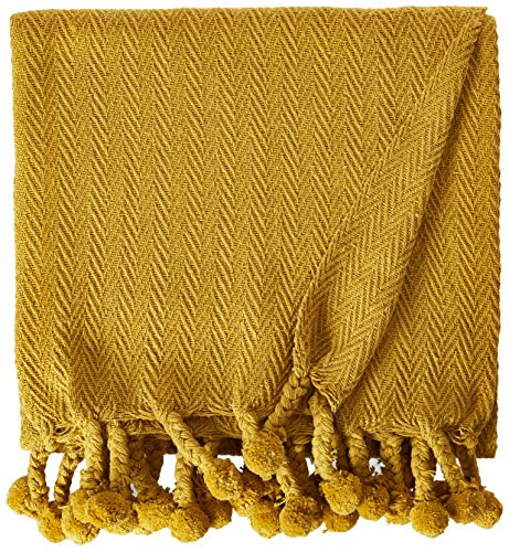 Creative Co-Op Gold Cotton Throw with Pom Poms