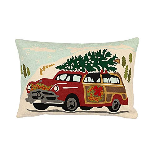 Creative Co-Op XM0486 Embroidered Car & Christmas Tree Cotton Pillow