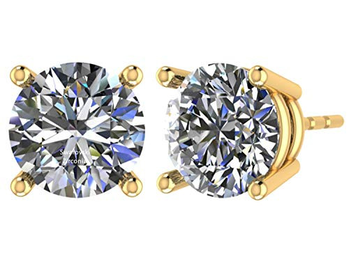 NANA Stud Earrings-Sterling Silver Round Cut Swarovski Zirconia 6.5mm -2.00cttw- Yellow Gold Plated