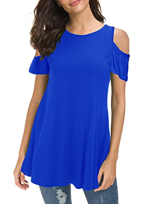 Afibi Women's Loose Casual Cold Shoulder Tunic Tops Short Sleeve Shirts -X-Large, Blue- Afibi Women's Loose Casual Cold Shoulder Tunic Tops Short Sleeve Shirts -X-Large, Blue-