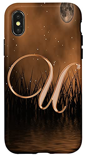 iPhone X/XS U Orange Night Dark Moon Stars Water Sky Initial Letter Name Case