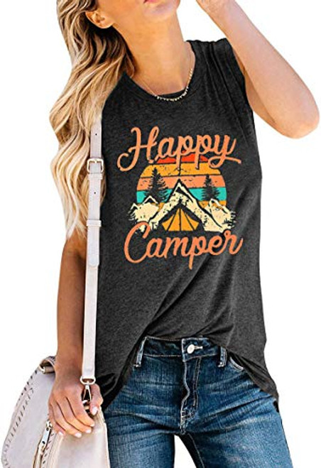Happy Camper Shirt for Women Camping Tee Shirts Funny Cute Graphic Tee Short Sleeve Letter Print Casual Tee Tops -Dark Grey-2, XX-