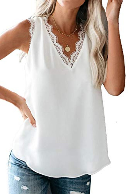 Women's V Neck Lace Trim Tank Tops Casual Loose Sleeveless Blouse Shirts White Women's V Neck Lace Trim Tank Tops Casual Loose Sleeveless Blouse Shirts White