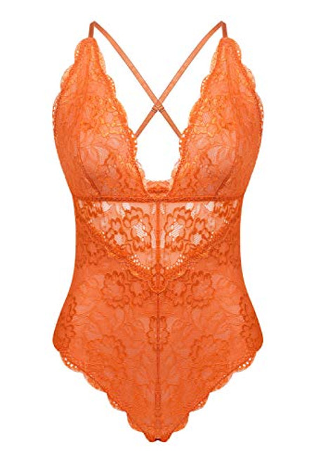 Aranmei Women Deep V Sexy Lace Bodysuit Snap Crotch Lingerie Teddy Underwear -Orange, Medium- Aranmei Women Deep V Sexy Lace Bodysuit Snap Crotch Lingerie Teddy Underwear -Orange, Medium-