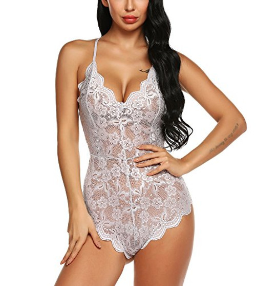 RSLOVE Women Lingerie Bodysuit Babydoll One Piece Lace Teddy Chemise Sleepwear White M