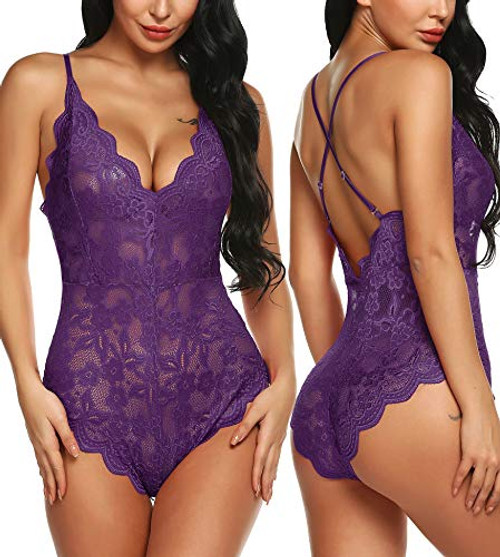 RSLOVE Women Lace Teddy Lingerie One Piece Babydoll Mini Bodysuit Purple XXL RSLOVE Women Lace Teddy Lingerie One Piece Babydoll Mini Bodysuit Purple XXL