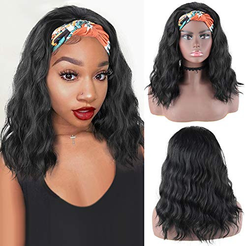 Aisaide Short Wavy Bob Wig Headband Wigs for Black Women,Black Bob Body Wave Headband Wig Synthetic Curly Wave Headband Scarf Wigs Turban Wig with Headband Attached Natural Half Wigs 16inch-1B-