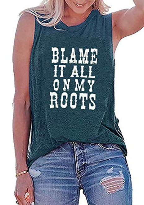 Blame it All On My Roots Tank Tops for Women Letter Print Shirt Country Music Casual Shirts -Dark Green, Medium-