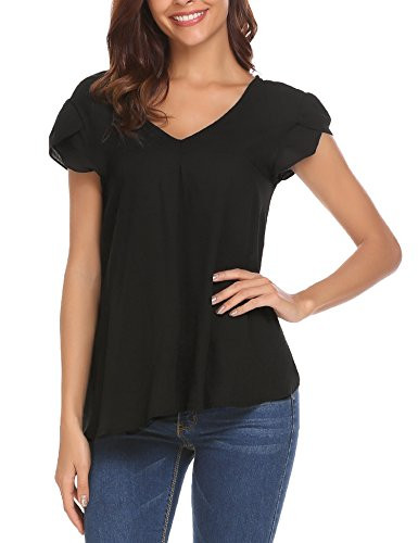 Concep Women's Cap Sleeve Chiffon Top Loose Casual T-Shirt V Neck Blouse -Black XL-
