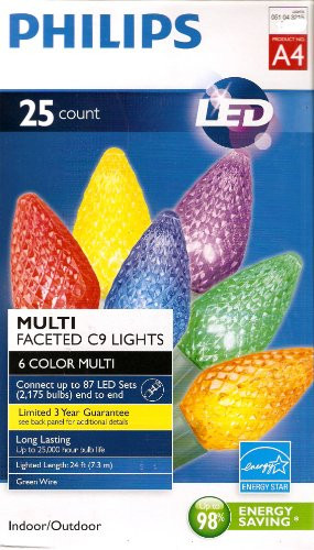 Philips 25 Count C9 Multi-Faceted Indoor/Outdoor LED Christmas String Lights, A4 - 6 Colors