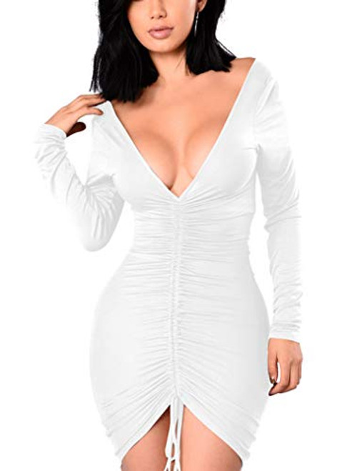 XXTAXN Women's Sexy Formal Bodycon V Neck Long Sleeve Cocktail Party Midi Dress White