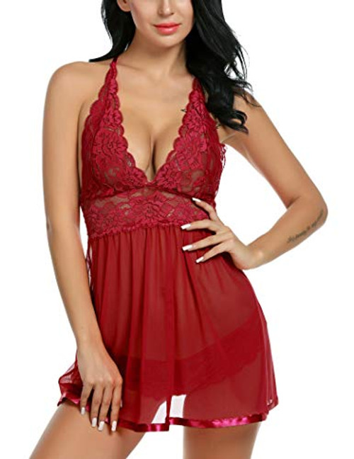 Avidlove Women Lingerie Lace Babydoll Strap Chemise Halter Teddy V Neck Sleepwear -4XL, Dark Red-