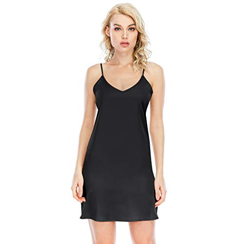 Miqieer Women Lingerie Satin Chemise Nightgown Sexy Full Slips Sleepwear -V-Black , X-Small- Miqieer Women Lingerie Satin Chemise Nightgown Sexy Full Slips Sleepwear -V-Black , X-Small-