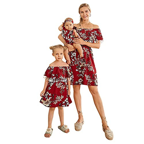 PopReal Mommy and Me Dresses Floral Printed Chiffon Bowknot Ruffles Short Sleeve Beach Mom Daughter Matching Outfits Red