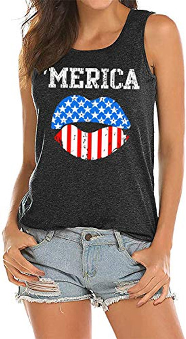 American Flag Print Tank Tops Women 4th of July Patriotic Tank Top Lip Graphic Sleeveless USA Flag Tee Top -Gray, L-