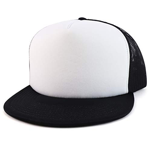 Armycrew Oversized XXL 5 Panel Flat Bill Foam Trucker Mesh Back Baseball Cap - White Black - 2XL