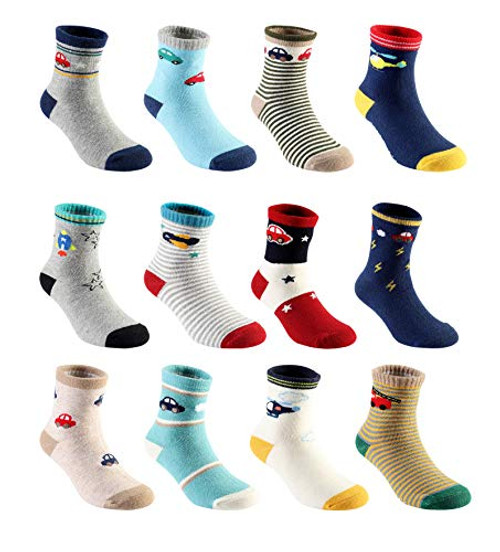 Dicry Baby Boys Non Slip Socks Cotton Anti Skid Grips Socks for Infant 6-12 Months -Transport Pattern, 12 Pairs-