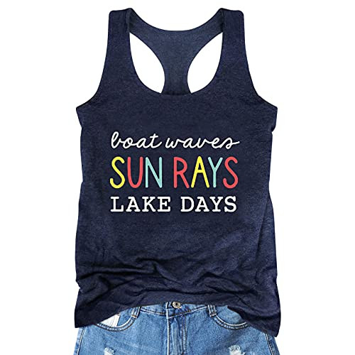 Boat Waves Sun Rays Lake Days Tank Tops Women Lake Life Racerback Vest Summer Vacation Sleeveless Top Shirts Blue