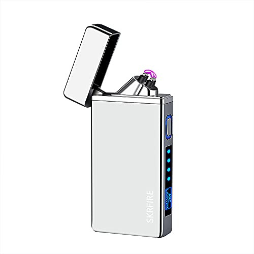 SKRFIRE Windproof Lighter Outdoor, Dual Arc Electric Lighter PVD-Plating Wearproof Lighter Rechargeable USB Lighter Flameless Plasma Lighter with Rhythmic Flashing Battery Indicator -ICY Silver-