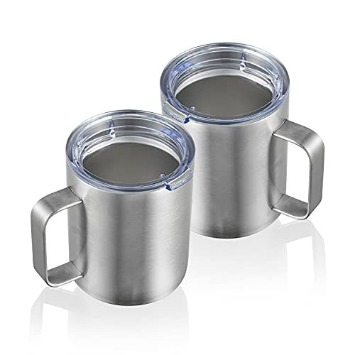 TUMZAK Insulated Coffee Mug Tumbler with Handle, 12 oz Double Wall Vacuum Tumbler Mugs with Lid Stainless Steel travel Camping Cup, for Hot or Cold Drinks,Silver 2 Pack