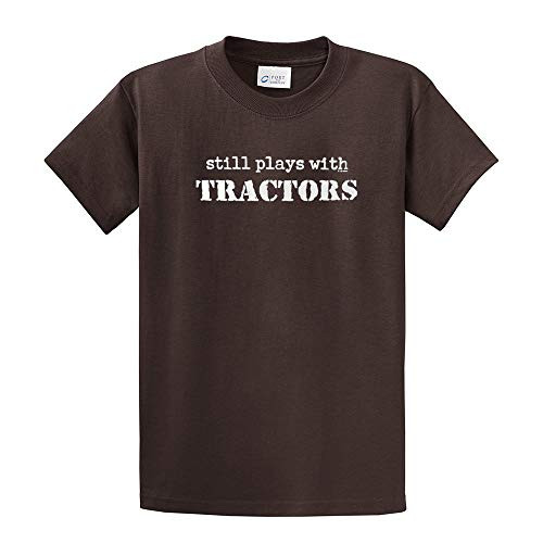 Still Plays with Tractors Short Sleeve T-Shirt Funny Farm Farmer Plow Farming -Brown-Small