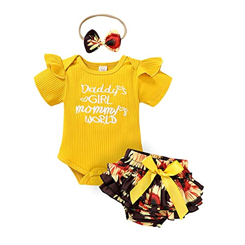 Newborn Infant Baby Girl Clothes Ruffle Sleeve Romper Onesies and Floral Short Pants Summer Baby Girl Clothes Set -Yellow, 6-12 Months- Newborn Infant Baby Girl Clothes Ruffle Sleeve Romper Onesies and Floral Short Pants Summer Baby Girl Clothes Set -Yellow, 6-12 Months-