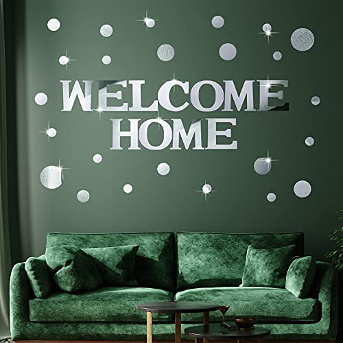 Welcome Sign Home Sign Letters Mirror Wall Decor Welcome Mirror Wall Sign and Round Removable Acrylic Mirror Stickers, Decorative Mirror Wall Sign for Front Door Porch Living Room Bedroom Kitchen