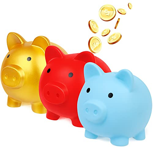 3 Pcs Cute Piggy Bank Plastic Pig Money Bank Adults Piggy Bank Pig Money Box Coin Bank Plastic Saving Coin Box for Boys Girls Kids -Small- -Gold, Red, Blue-