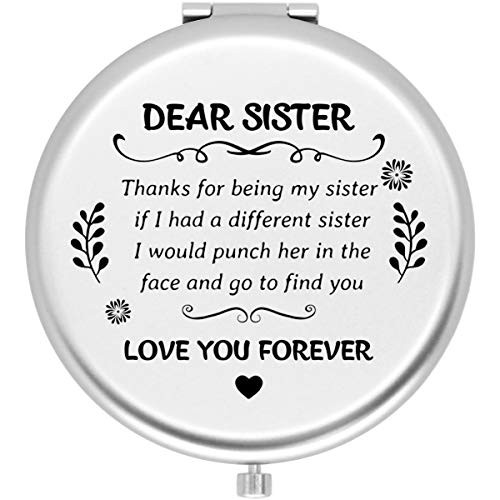 Muminglong Frosted Compact Makeup Mirror for Sister from Sister,Brother, Birthday, Christmas Ideas for Sister-Thanks for being my sister -Silver-