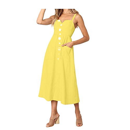 Women's Summer Dresses, Floral Boho Spaghetti Strap Button Down Swing Midi Beach Dress with Pockets -M, Blue-