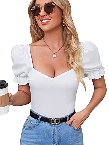 WDIRARA Women's V Neck Puff Short Sleeve Backless Blouse Casual Slim Fit Top White S