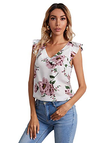 SheIn Women's Ruffles Cap Sleeve V Neck Floral Print Boho Blouses Top White M