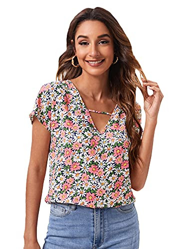 SheIn Women's Short Sleeve V Neck Allover Floral Print Cut Out Blouse Shirt Top Multicolor S