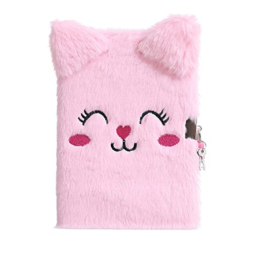Fuzzy Plush Notebook with Lock and Keys Journal Cute Cartoon Kitty Cat Diary for Boys Kids Girls Writing Drawing