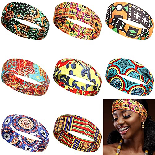8 Pieces African Headband Boho Print Head Band Elastic Yoga Sports Workout Hairband Wide Stretchy Turban Head Wrap for Women Girls Hair Accessories