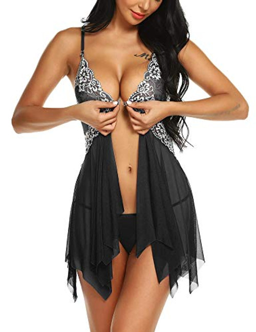 klier Lingerie for Women Lace Babydoll Sexy Chemise V Neck Mesh Sleepwear -S, Black- klier Lingerie for Women Lace Babydoll Sexy Chemise V Neck Mesh Sleepwear -S, Black-