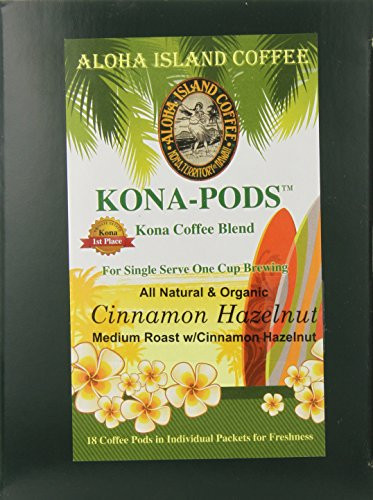 Aloha Island Coffee Cinnamon Hazelnut Kona Blend Organic Coffee Pods, 36 Pods, 36-Count