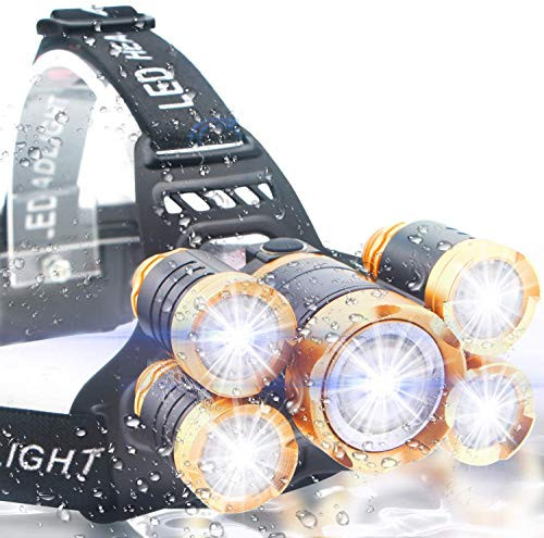 PLLKJ Headlamp, 5 LED Headlight, USB Rechargeable Head Lamp Flashlight, 4 Modes Waterproof Zoomable Light 18650 Battery for Outdoors, Household PLLKJ Headlamp, 5 LED Headlight, USB Rechargeable Head Lamp Flashlight, 4 Modes Waterproof Zoomable Light 18650 Battery for Outdoors, Household