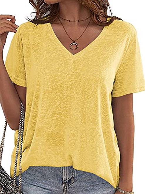 Danedvi Women's Summer Fashion V-Neck Short Sleeve T Shirt Solid Casual Loose Basic Tunics Tops Yellow