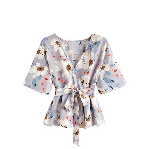 Romwe Women's Plus Size Floral Print Short Sleeve Wrap V Neck Belted Peplum Tops Blouse Purple 2XL