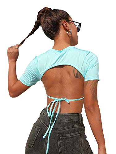 SheIn Women's Sexy Backless Crop Top Short Sleeve Slim Tie Back Tee Shirt Mint Blue Small