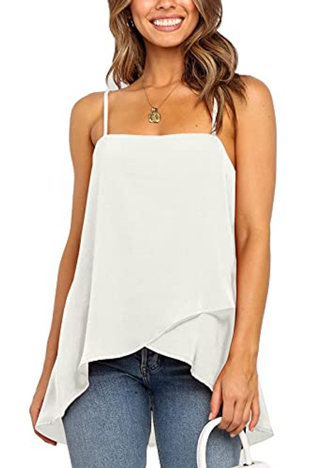 Women's Tunic Tops for Legging Chiffon Spaghetti Strap Loose Shirt Sleeveless High Low Hem Summer Cami Tank Top CWhite-M Women's Tunic Tops for Legging Chiffon Spaghetti Strap Loose Shirt Sleeveless High Low Hem Summer Cami Tank Top CWhite-M