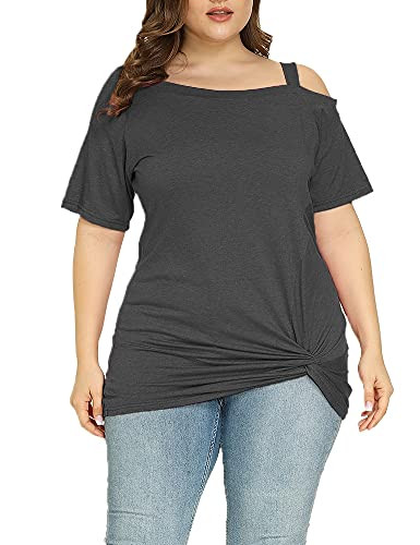 Zaoqee Womens Plus Size Cold Shoulder Tops Short Sleeve Summer Casual Tunics Tops Twist Knot Blouse T-Shirts Dark Heather Grey 1X