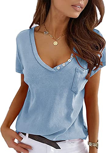 Women's Summer V Neck T Shirts Short Sleeve Top Button Decor Tee with Pocket Casual Loose Blouse Sky Blue