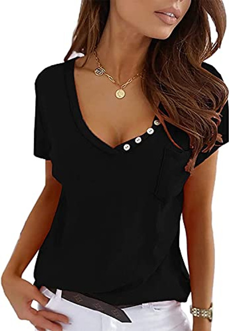 Women's Summer V Neck T Shirts Short Sleeve Top Button Decor Tee with Pocket Casual Loose Blouse Black