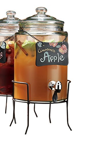 Home Essentials & Beyond Del Sol Glass Beverage Drink Dispenser With Knobbed Lid, Chalkboard On Chain, On Metal Stand and Raised Easy Flow Spigot, 1.5 Gallon for Picnics Parties Bbq