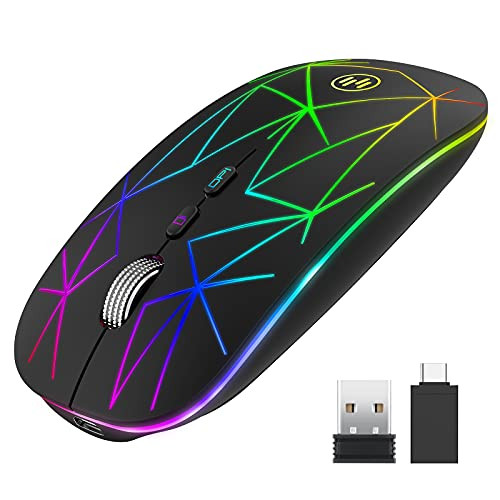LED Wireless Mouse, Uiosmuph G16 Rechargeable Wireless Computer Mouse with USB Receiver and Type C Adapter, 2.4G Portable Optical Wireless Mouse for Laptop, PC, Desktop, MacBook -Starry Black-